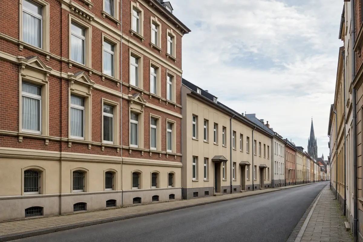 Wohnstraße in Gelsenkirchen: die für die Stadt typische Bebauung, im Hintergrund über den Dächern ein Wahrzeichen der Stadt.