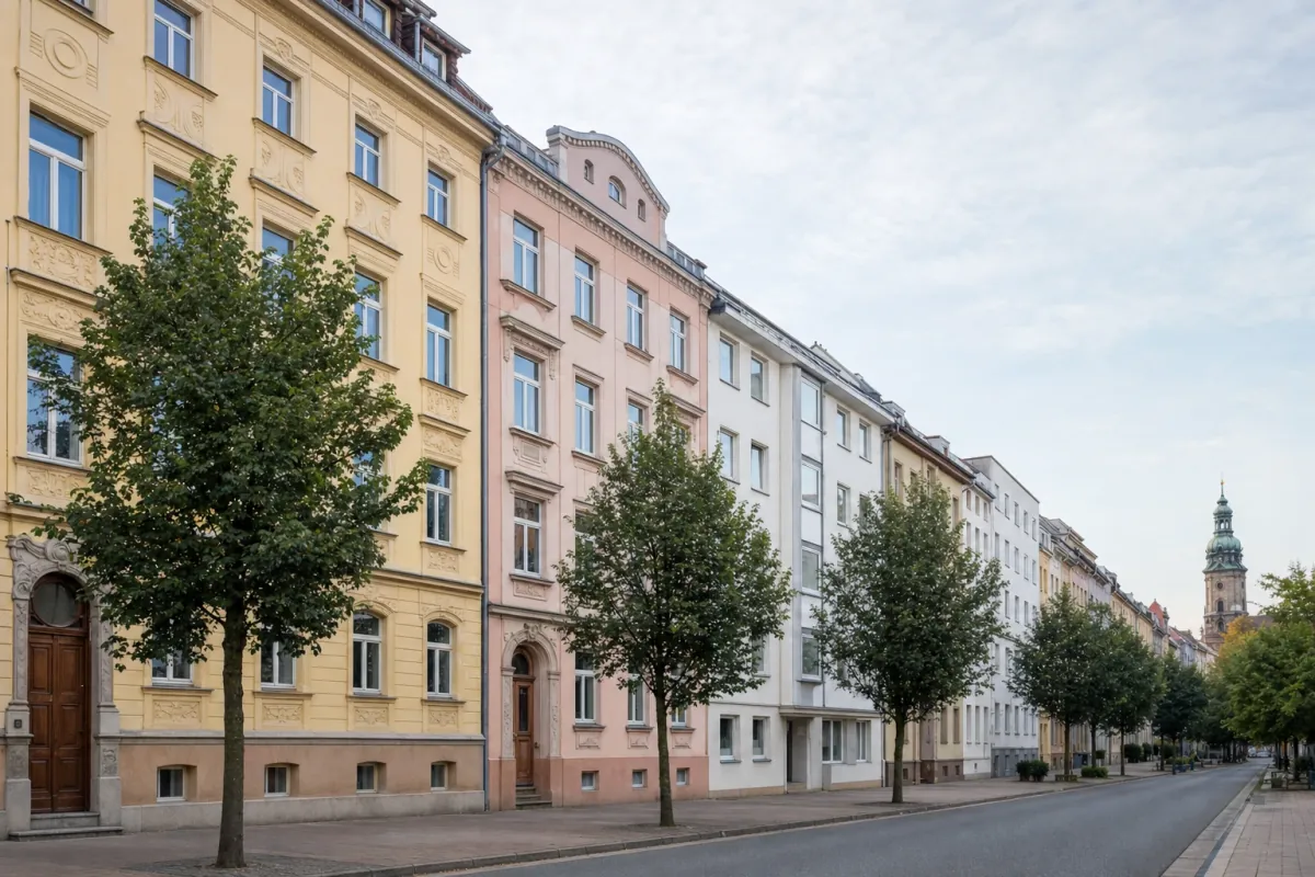Wohnstraße in Gera: die für die Stadt typische Bebauung, im Hintergrund über den Dächern ein Wahrzeichen der Stadt.