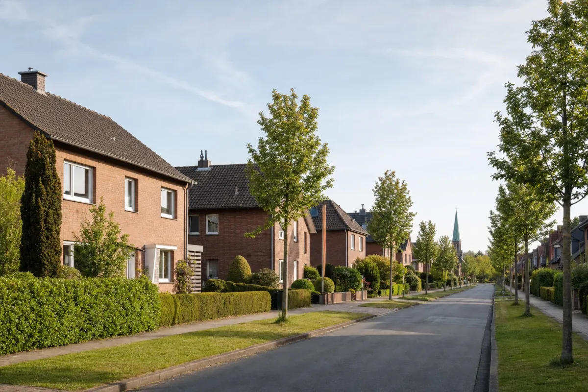 Wohnstraße in Gütersloh: die für die Stadt typische Bebauung, im Hintergrund über den Dächern ein Wahrzeichen der Stadt.