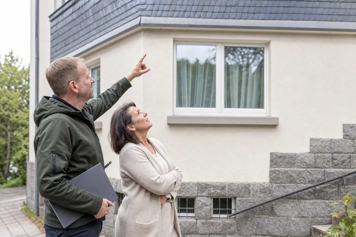 Ein Energieberater und eine Eigentümerin stehen vor einem für Hagen typischen Wohnhaus und sehen zum Dachrand hinauf.