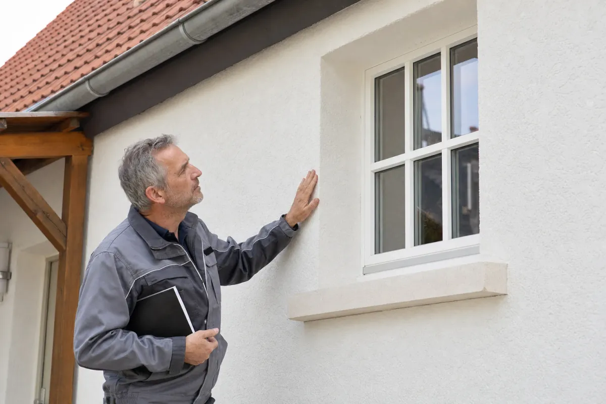 Ein Energieberater prüft von außen den Anschluss zwischen Fensterrahmen und Wand an einem für Halle (Saale) typischen Wohnhaus.
