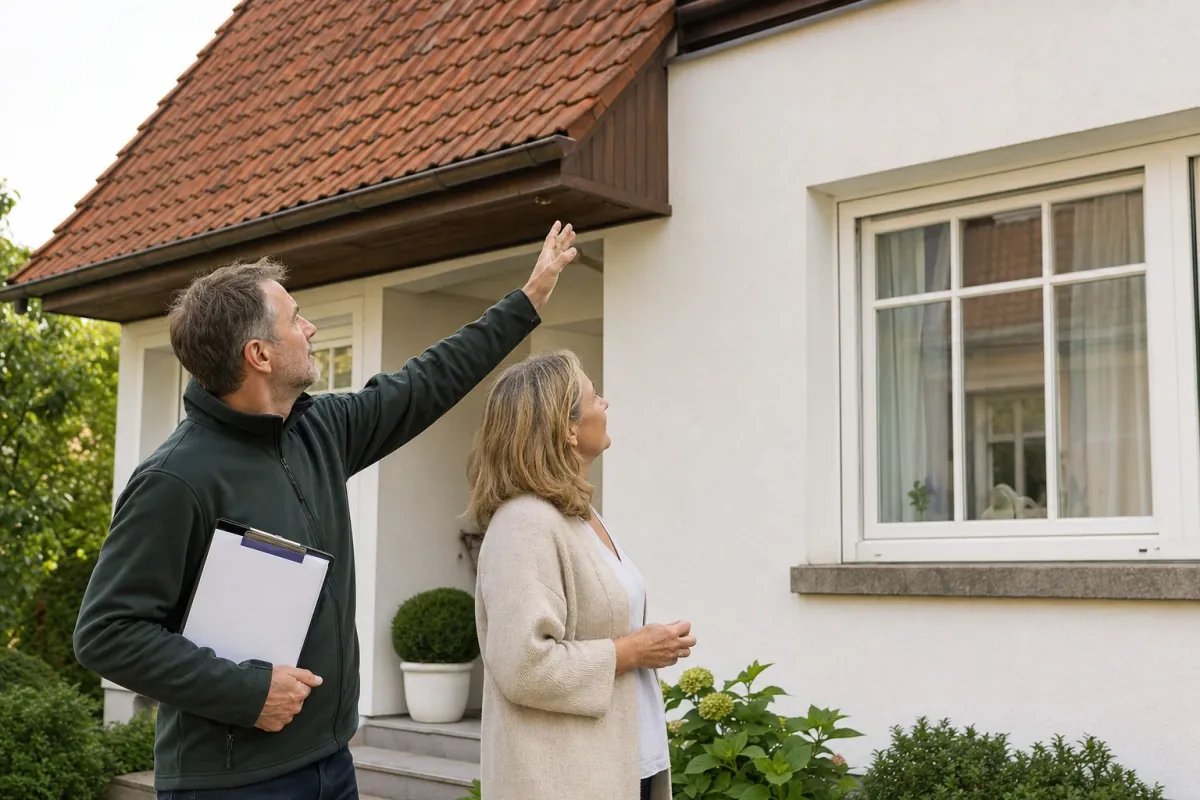 Ein Energieberater und eine Eigentümerin stehen vor einem für Halle (Saale) typischen Wohnhaus und sehen zum Dachrand hinauf.