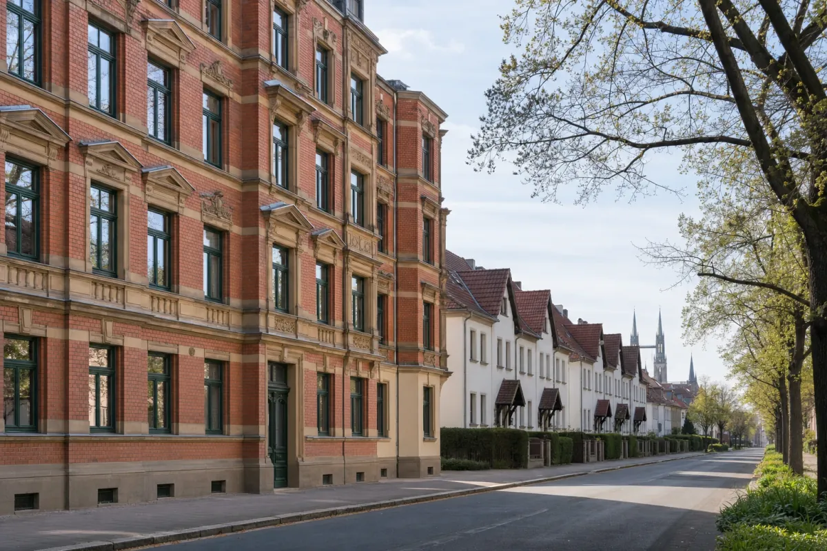 Wohnstraße in Halle (Saale): die für die Stadt typische Bebauung, im Hintergrund über den Dächern ein Wahrzeichen der Stadt.