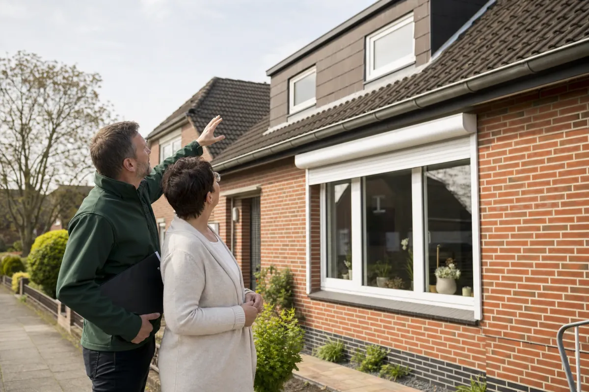 Ein Energieberater und eine Eigentümerin stehen vor einem für Hamm typischen Wohnhaus und sehen zum Dachrand hinauf.