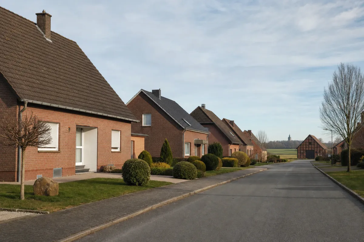 Wohnstraße in Hamm: die für die Stadt typische Bebauung, im Hintergrund über den Dächern ein Wahrzeichen der Stadt.