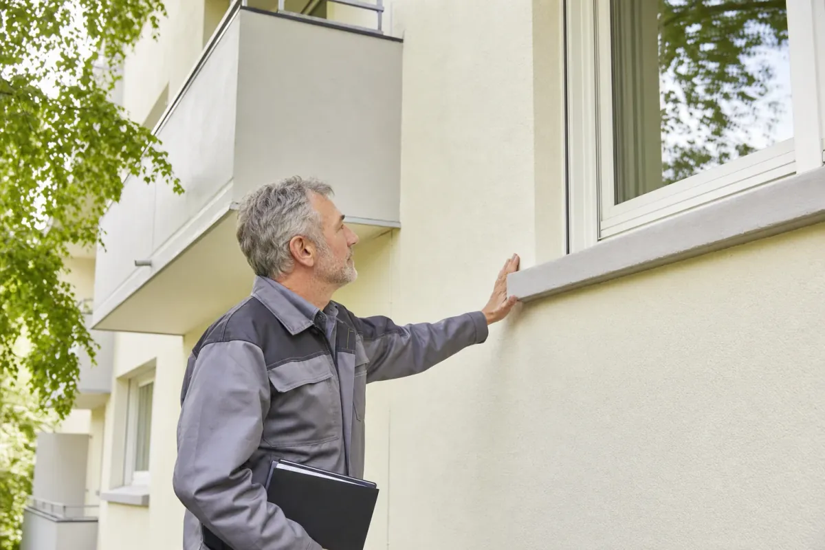 Ein Energieberater prüft von außen den Anschluss zwischen Fensterrahmen und Wand an einem für Hannover typischen Wohnhaus.