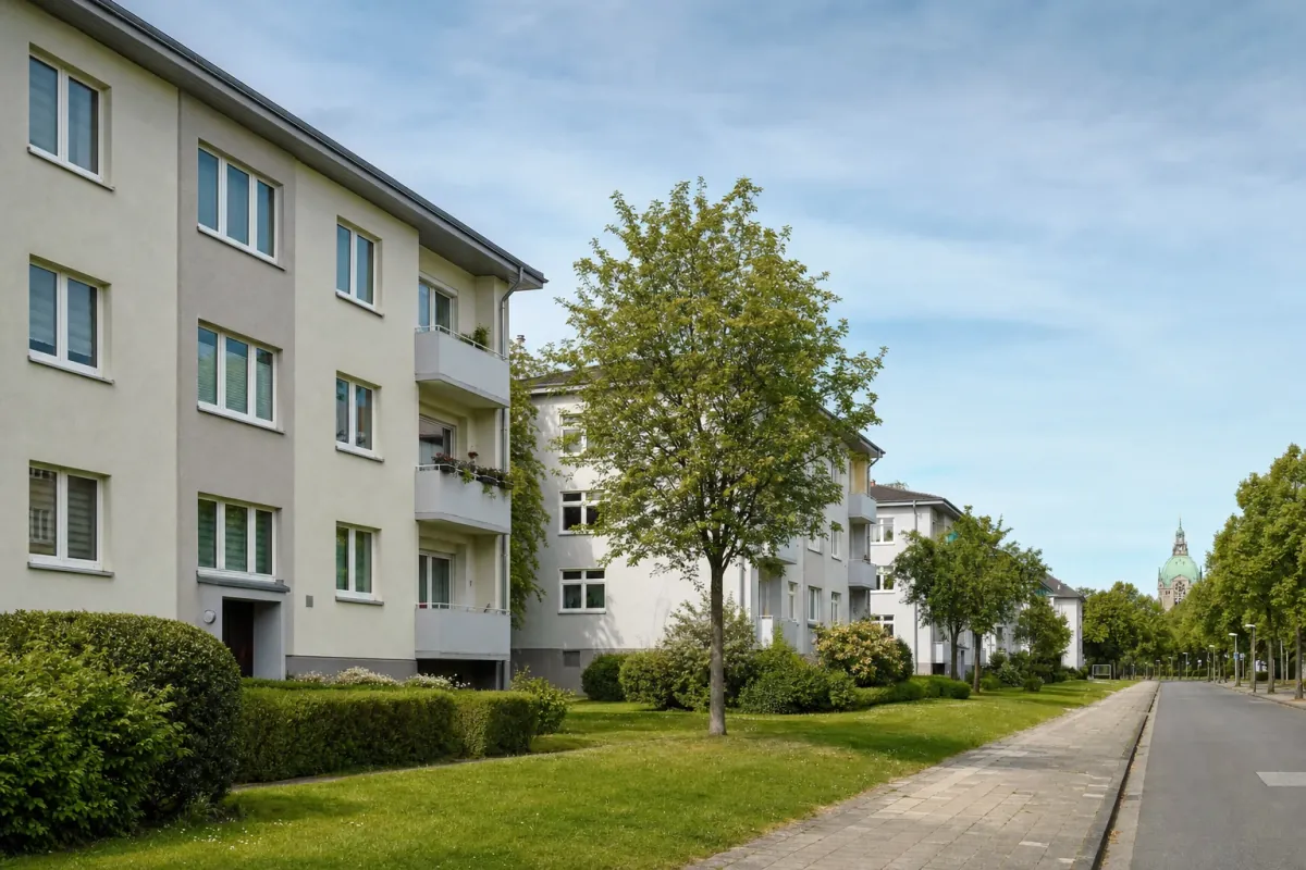 Wohnstraße in Hannover: die für die Stadt typische Bebauung, im Hintergrund über den Dächern ein Wahrzeichen der Stadt.