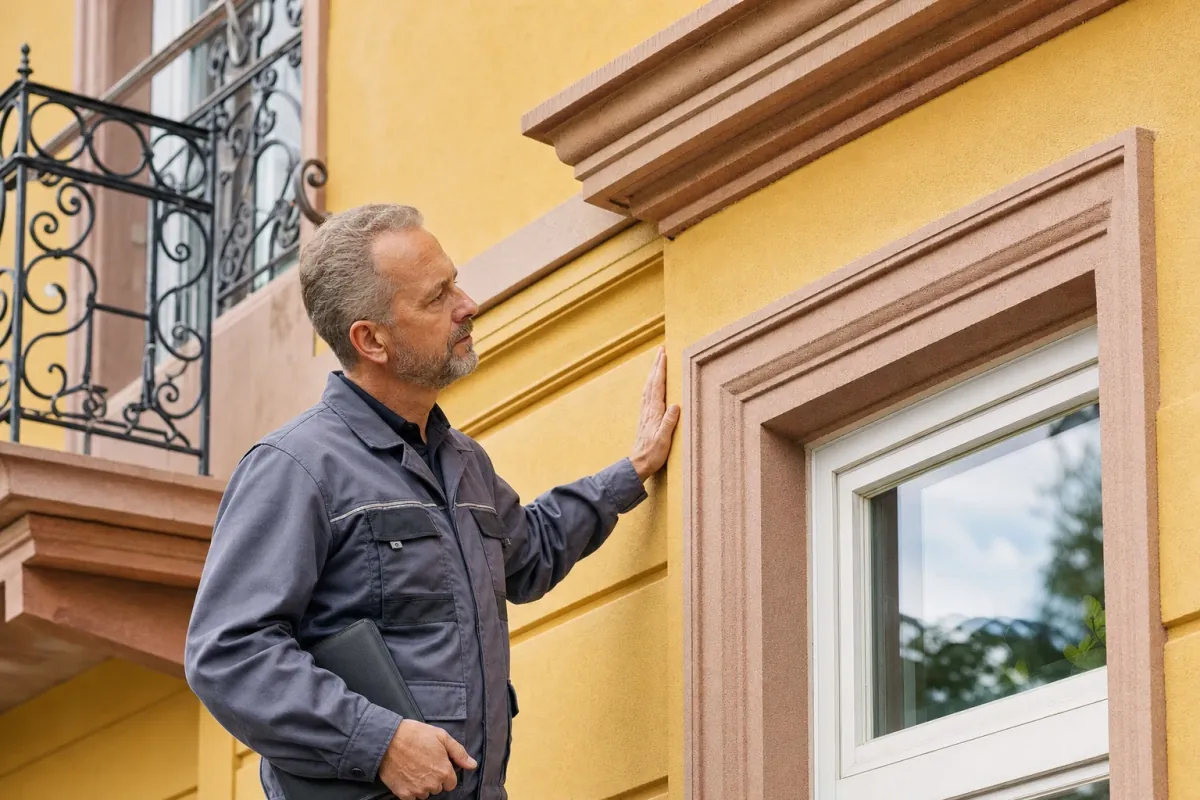 Ein Energieberater prüft von außen den Anschluss zwischen Fensterrahmen und Wand an einem für Heidelberg typischen Wohnhaus.