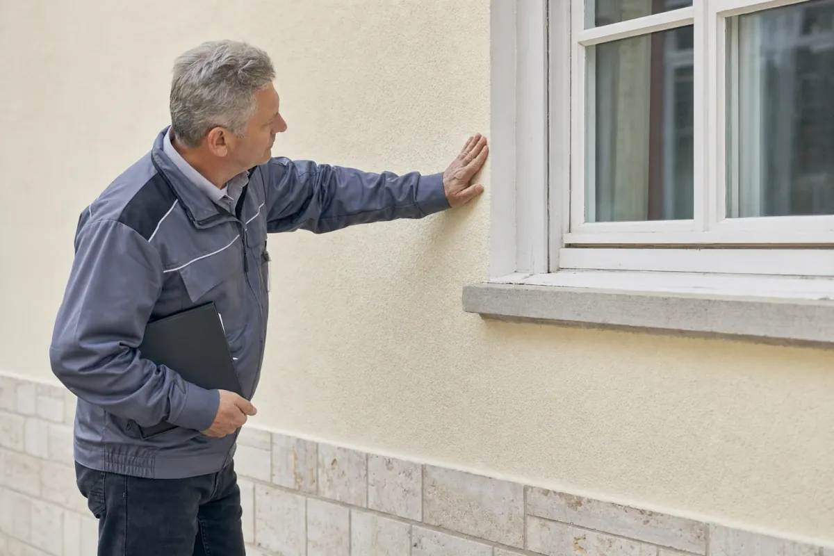 Ein Energieberater prüft von außen den Anschluss zwischen Fensterrahmen und Wand an einem für Heilbronn typischen Wohnhaus.