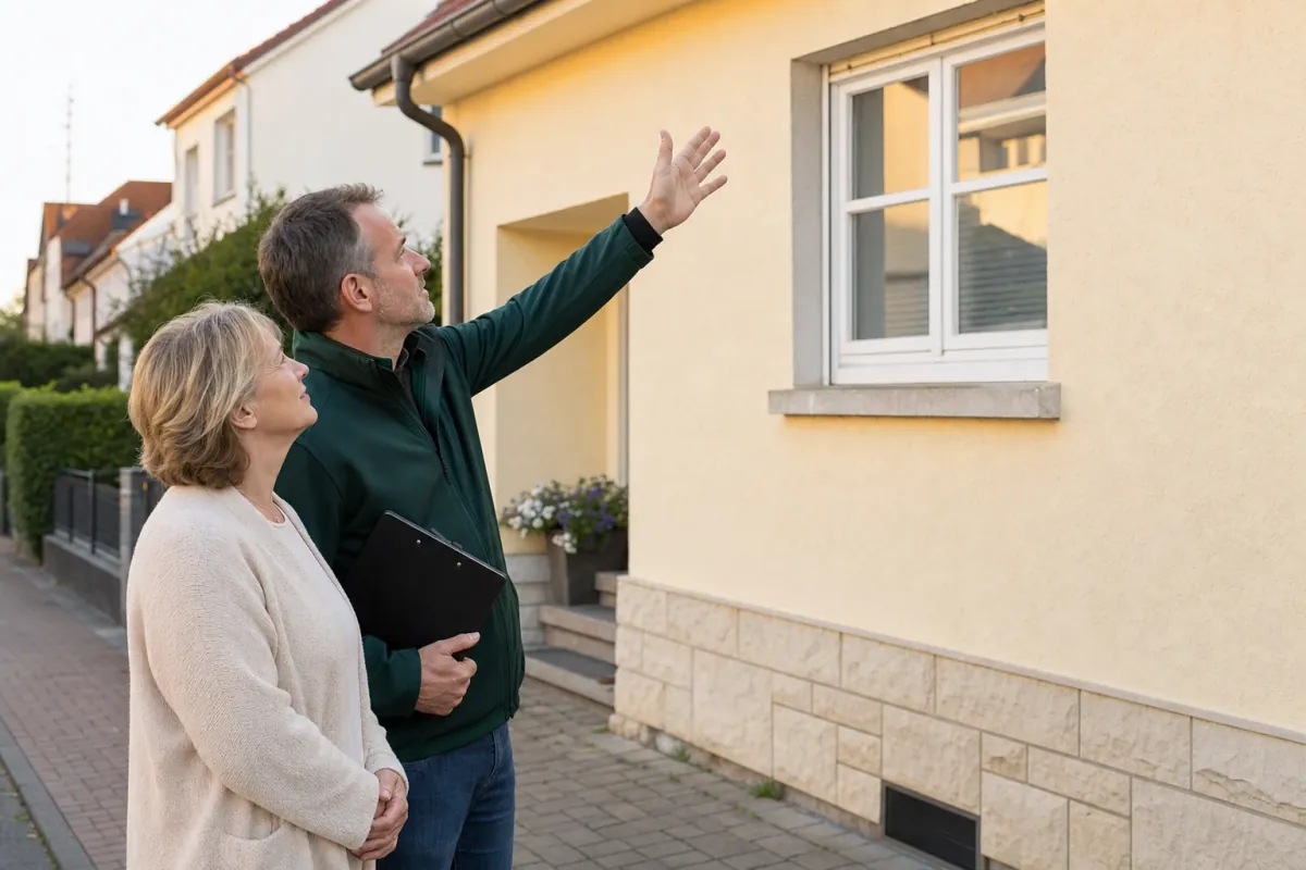 Ein Energieberater und eine Eigentümerin stehen vor einem für Heilbronn typischen Wohnhaus und sehen zum Dachrand hinauf.