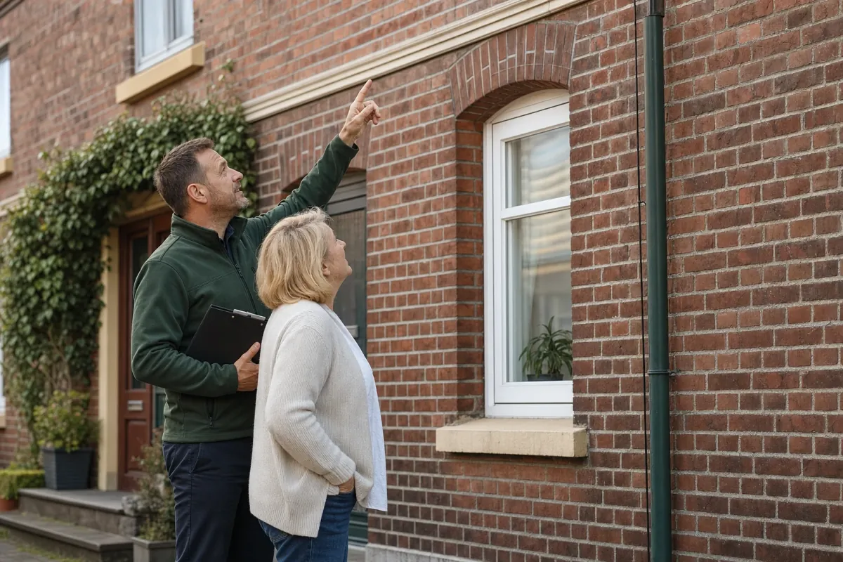 Ein Energieberater und eine Eigentümerin stehen vor einem für Herne typischen Wohnhaus und sehen zum Dachrand hinauf.