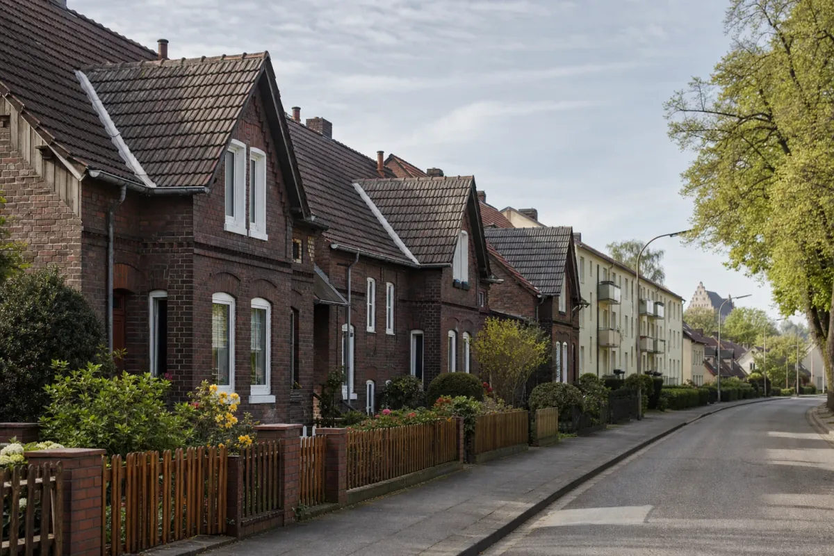 Wohnstraße in Herne: die für die Stadt typische Bebauung, im Hintergrund über den Dächern ein Wahrzeichen der Stadt.