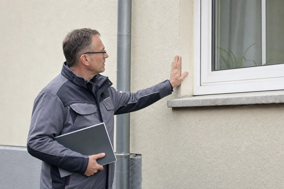 Ein Energieberater prüft von außen den Anschluss zwischen Fensterrahmen und Wand an einem für Hildesheim typischen Wohnhaus.