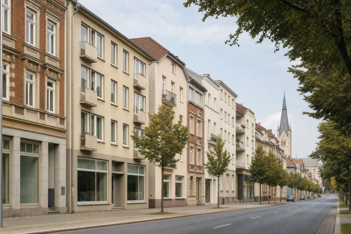Wohnstraße in Hildesheim: die für die Stadt typische Bebauung, im Hintergrund über den Dächern ein Wahrzeichen der Stadt.