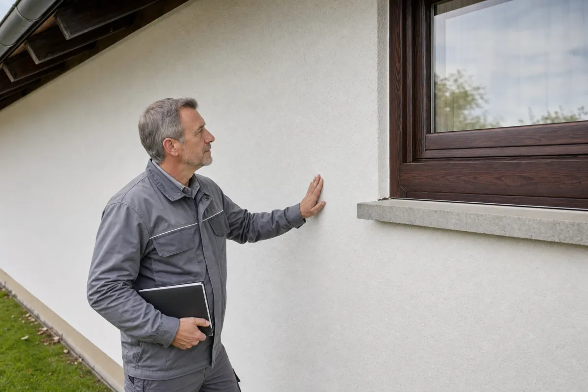 Ein Energieberater prüft von außen den Anschluss zwischen Fensterrahmen und Wand an einem für Ingolstadt typischen Wohnhaus.