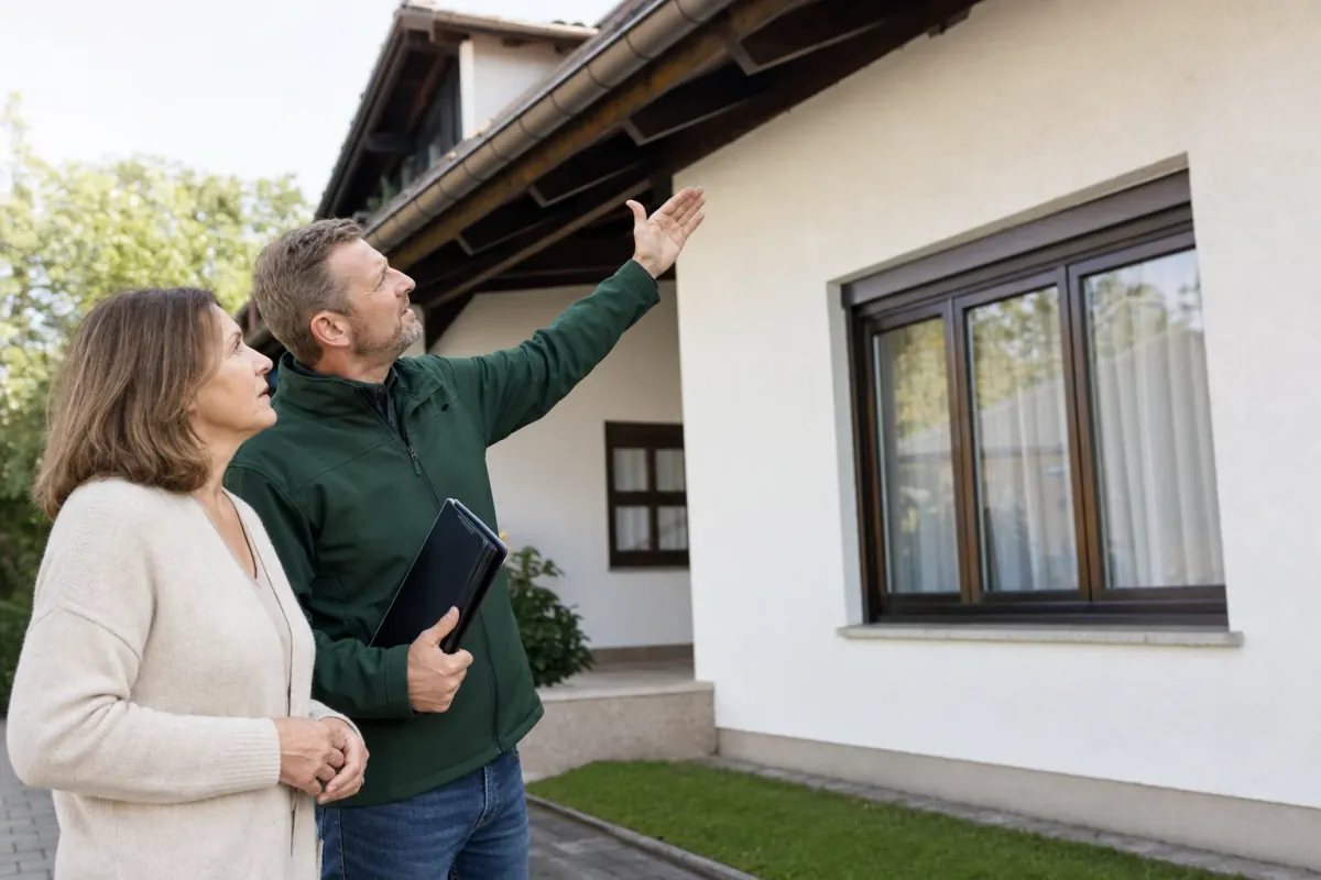 Ein Energieberater und eine Eigentümerin stehen vor einem für Ingolstadt typischen Wohnhaus und sehen zum Dachrand hinauf.