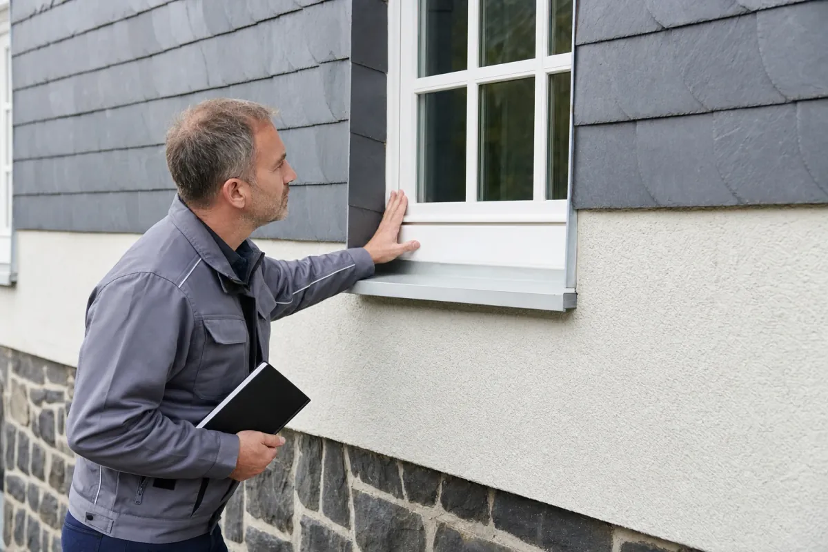Ein Energieberater prüft von außen den Anschluss zwischen Fensterrahmen und Wand an einem für Iserlohn typischen Wohnhaus.