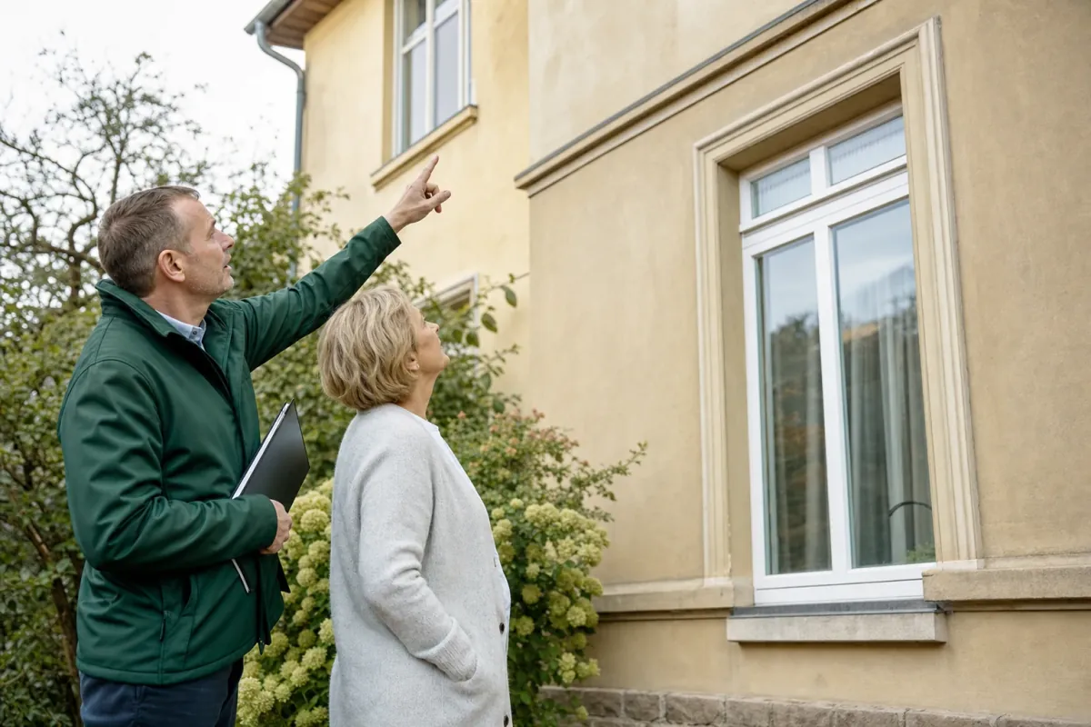 Ein Energieberater und eine Eigentümerin stehen vor einem für Jena typischen Wohnhaus und sehen zum Dachrand hinauf.