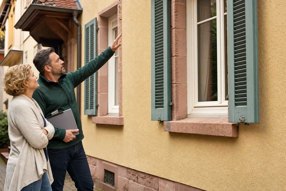 Ein Energieberater und eine Eigentümerin stehen vor einem für Kaiserslautern typischen Wohnhaus und sehen zum Dachrand hinauf.