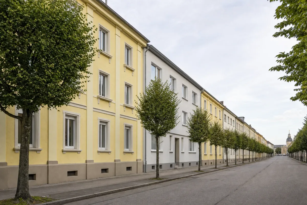 Wohnstraße in Karlsruhe: die für die Stadt typische Bebauung, im Hintergrund über den Dächern ein Wahrzeichen der Stadt.