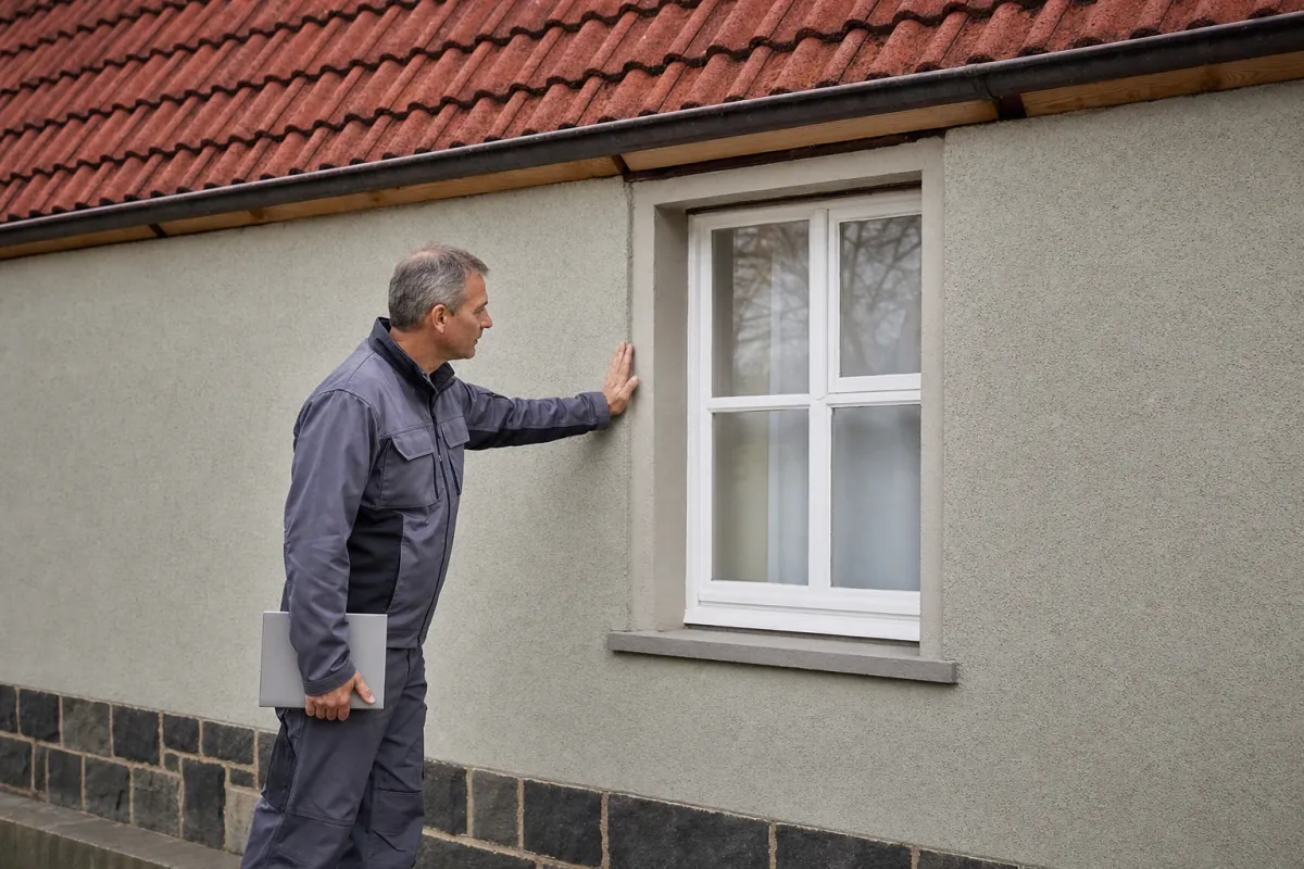 Ein Energieberater prüft von außen den Anschluss zwischen Fensterrahmen und Wand an einem für Kassel typischen Wohnhaus.