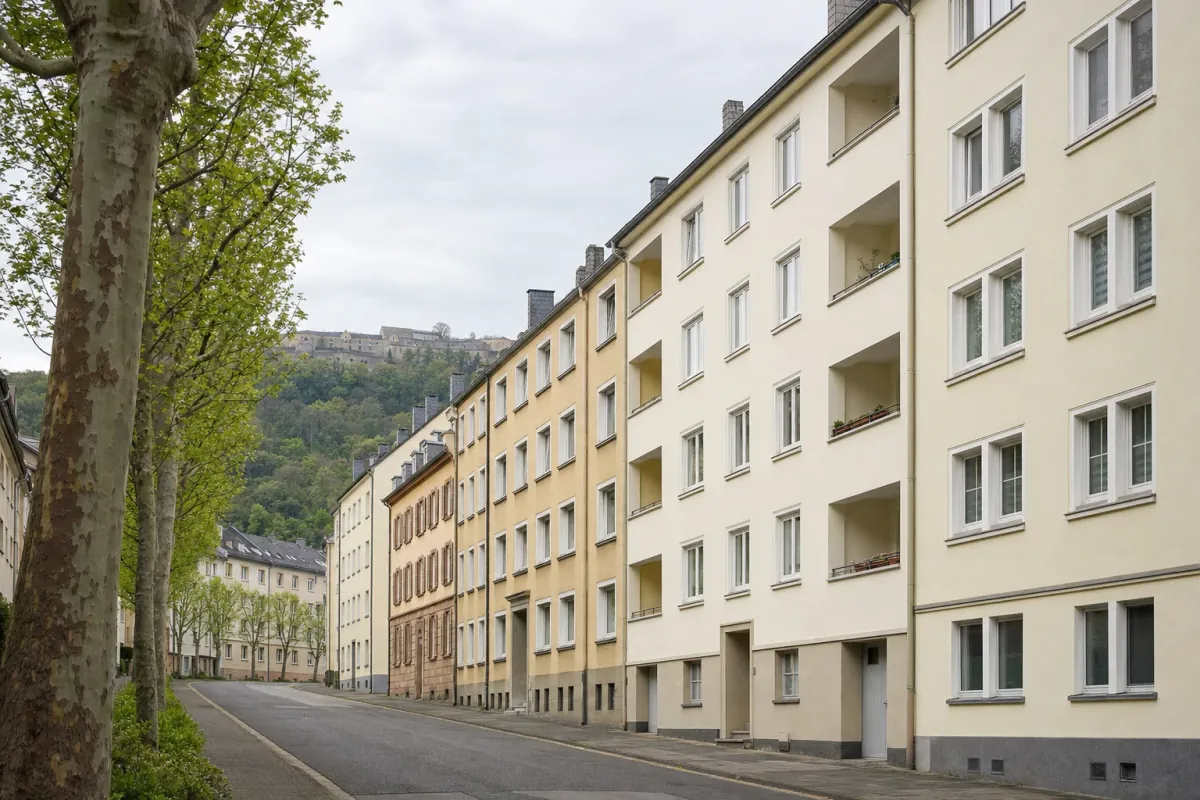 Wohnstraße in Koblenz: die für die Stadt typische Bebauung, im Hintergrund über den Dächern ein Wahrzeichen der Stadt.