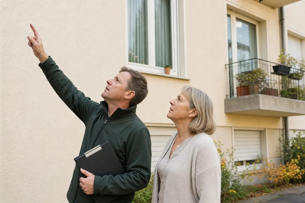 Ein Energieberater und eine Eigentümerin stehen vor einem für Köln typischen Wohnhaus und sehen zum Dachrand hinauf.