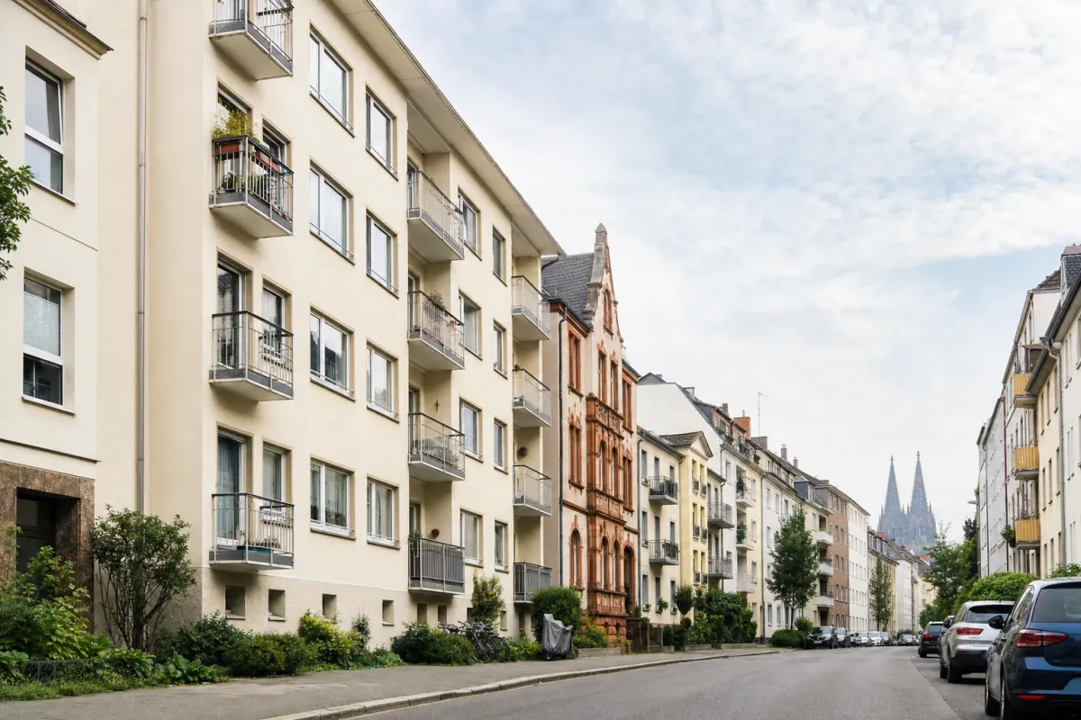 Wohnstraße in Köln: die für die Stadt typische Bebauung, im Hintergrund über den Dächern ein Wahrzeichen der Stadt.