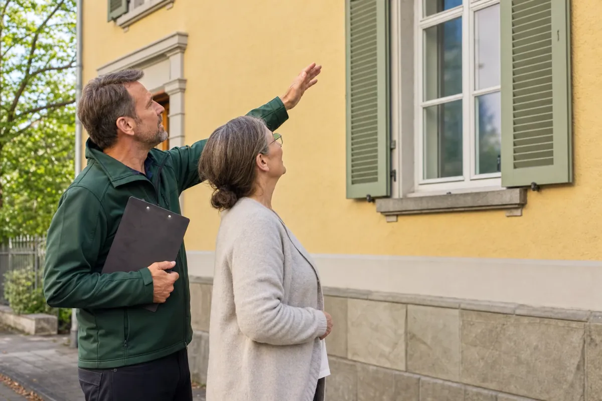 Ein Energieberater und eine Eigentümerin stehen vor einem für Konstanz typischen Wohnhaus und sehen zum Dachrand hinauf.