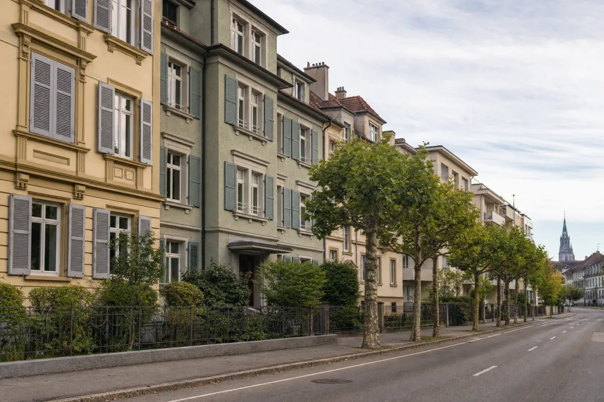 Wohnstraße in Konstanz: die für die Stadt typische Bebauung, im Hintergrund über den Dächern ein Wahrzeichen der Stadt.