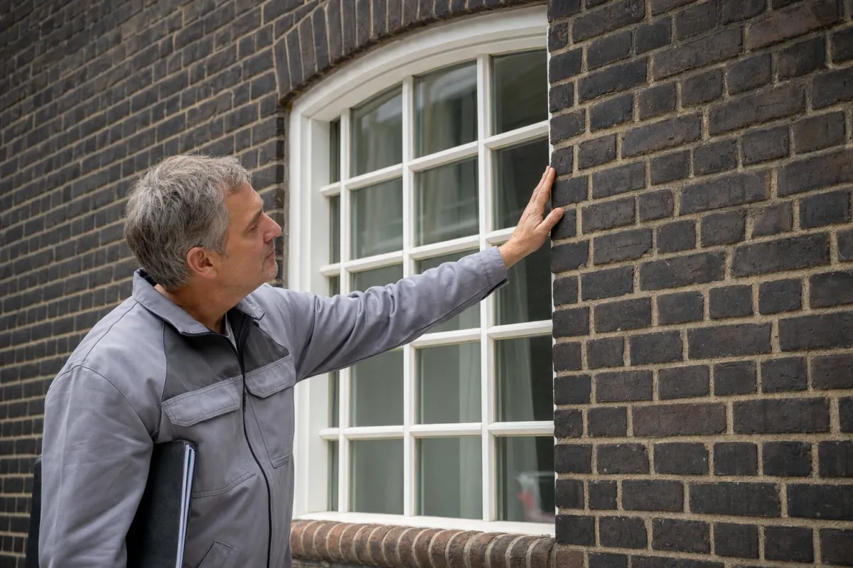 Ein Energieberater prüft von außen den Anschluss zwischen Fensterrahmen und Wand an einem für Krefeld typischen Wohnhaus.