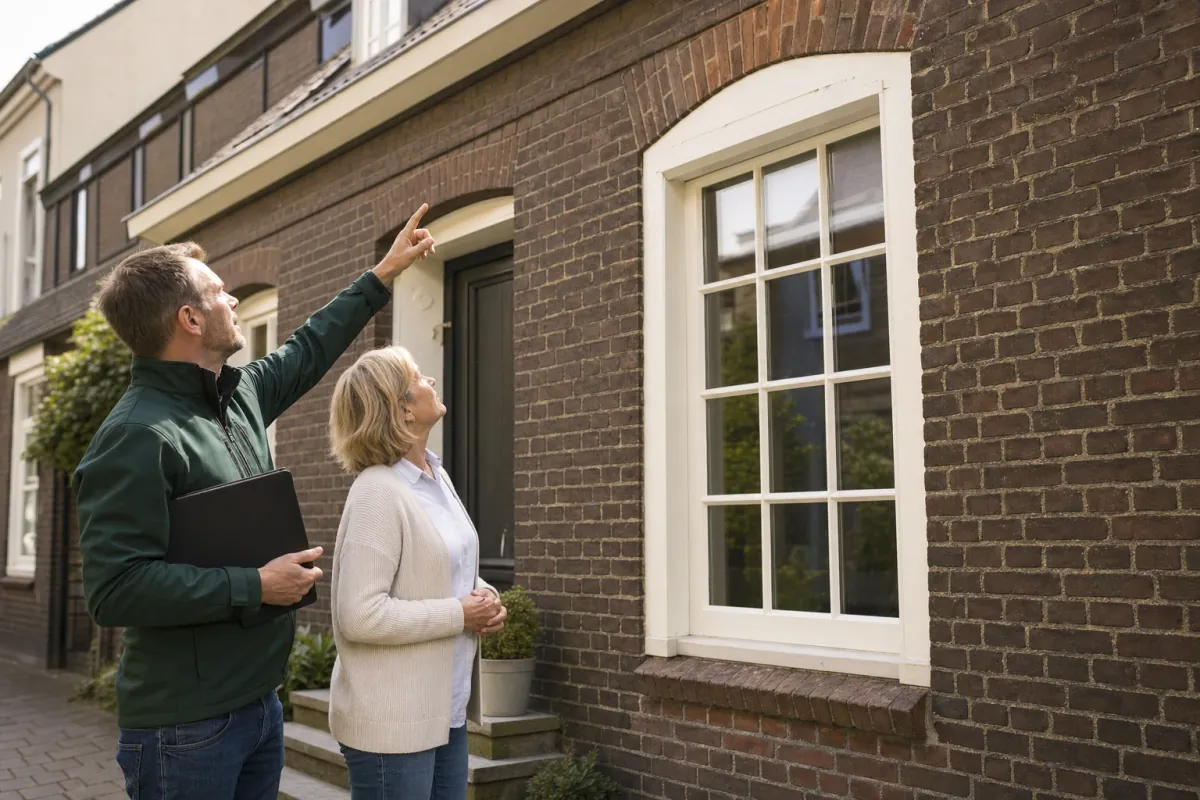 Ein Energieberater und eine Eigentümerin stehen vor einem für Krefeld typischen Wohnhaus und sehen zum Dachrand hinauf.