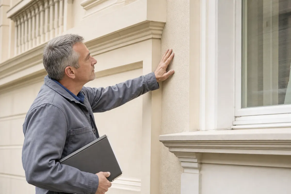 Ein Energieberater prüft von außen den Anschluss zwischen Fensterrahmen und Wand an einem für Leipzig typischen Wohnhaus.