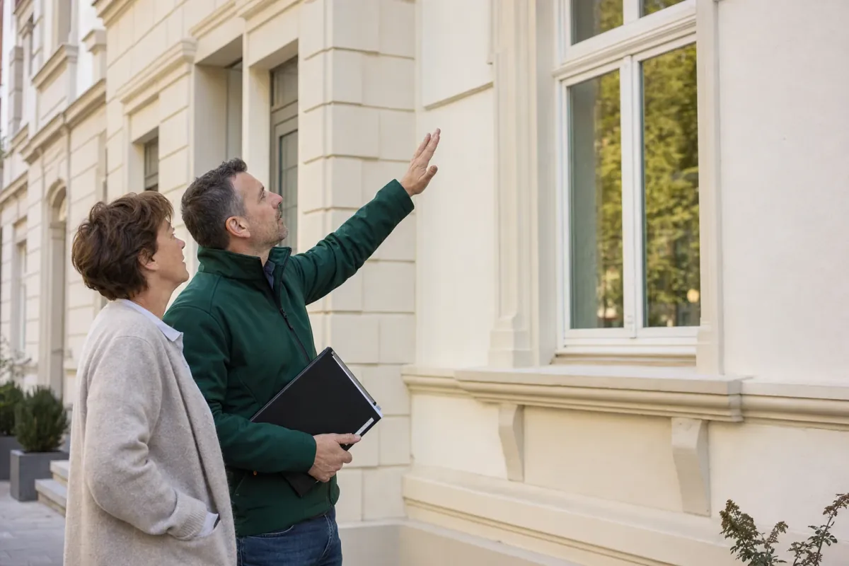 Ein Energieberater und eine Eigentümerin stehen vor einem für Leipzig typischen Wohnhaus und sehen zum Dachrand hinauf.