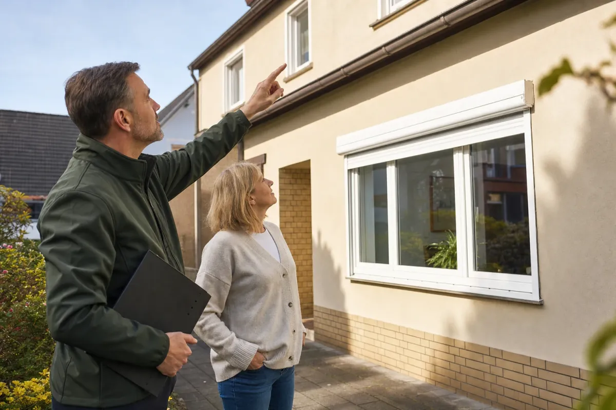 Ein Energieberater und eine Eigentümerin stehen vor einem für Leverkusen typischen Wohnhaus und sehen zum Dachrand hinauf.