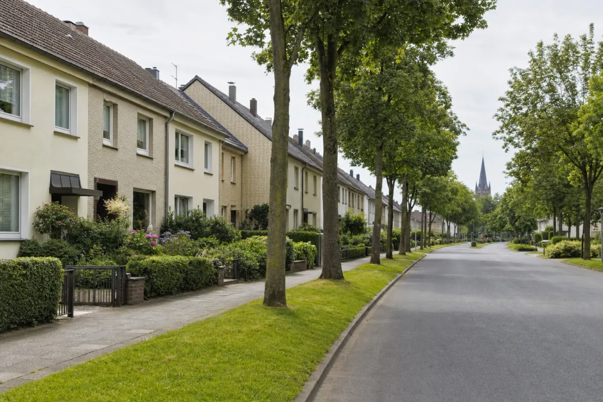 Wohnstraße in Leverkusen: die für die Stadt typische Bebauung, im Hintergrund über den Dächern ein Wahrzeichen der Stadt.