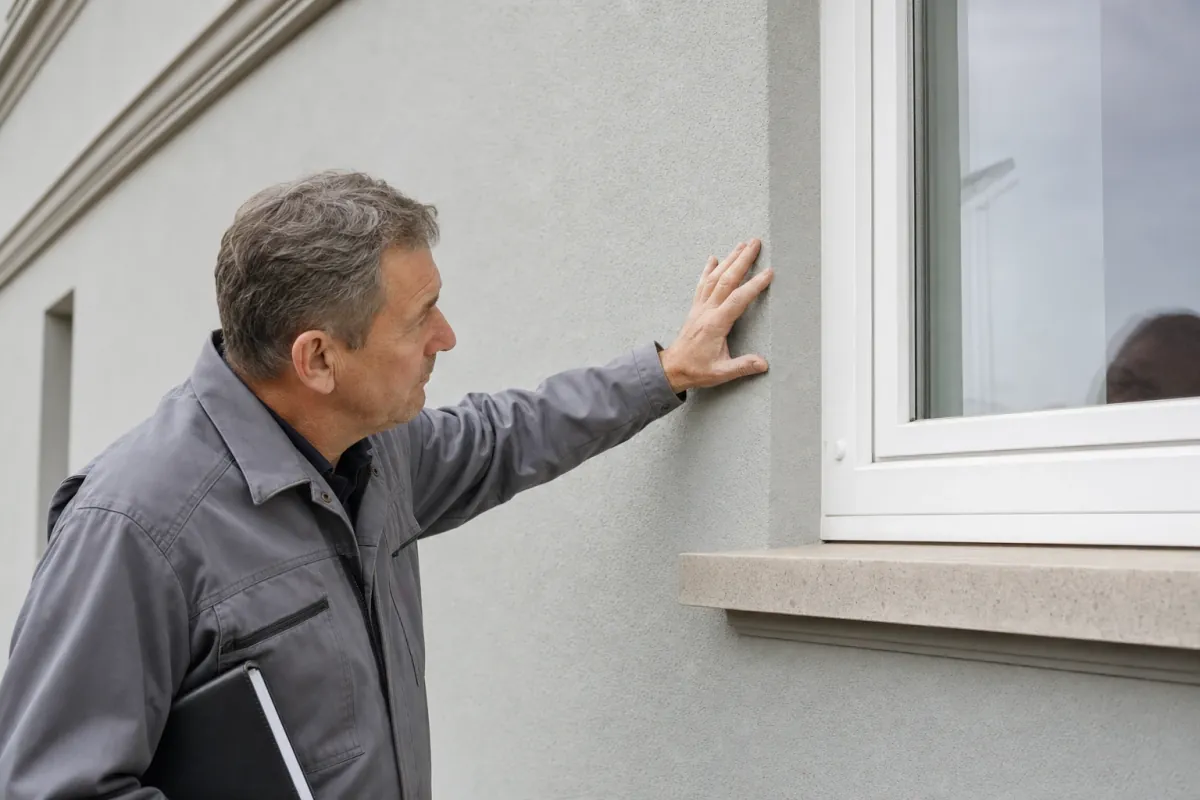 Ein Energieberater prüft von außen den Anschluss zwischen Fensterrahmen und Wand an einem für Ludwigshafen am Rhein typischen Wohnhaus.