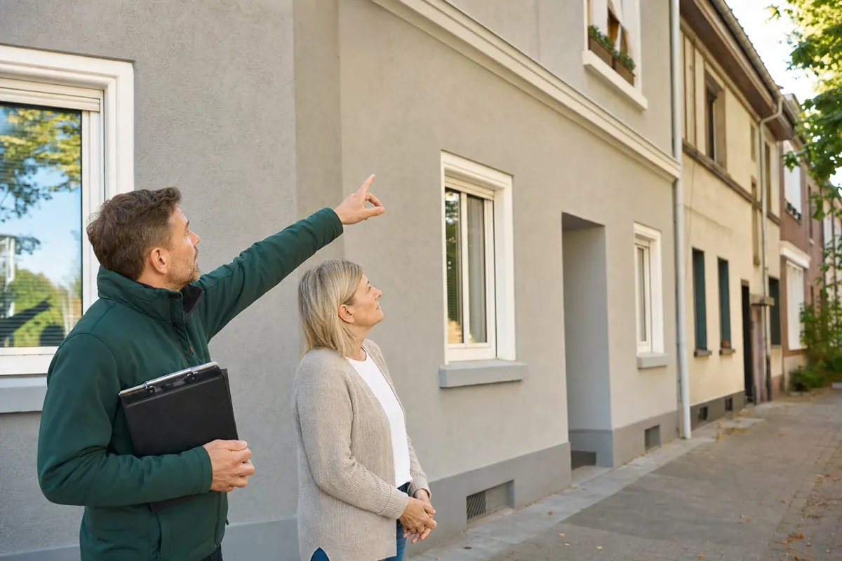 Ein Energieberater und eine Eigentümerin stehen vor einem für Ludwigshafen am Rhein typischen Wohnhaus und sehen zum Dachrand hinauf.
