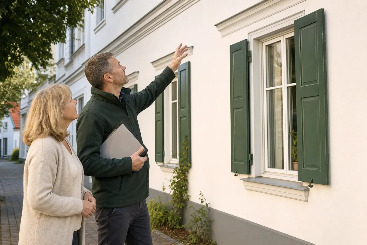 Ein Energieberater und eine Eigentümerin stehen vor einem für Lübeck typischen Wohnhaus und sehen zum Dachrand hinauf.