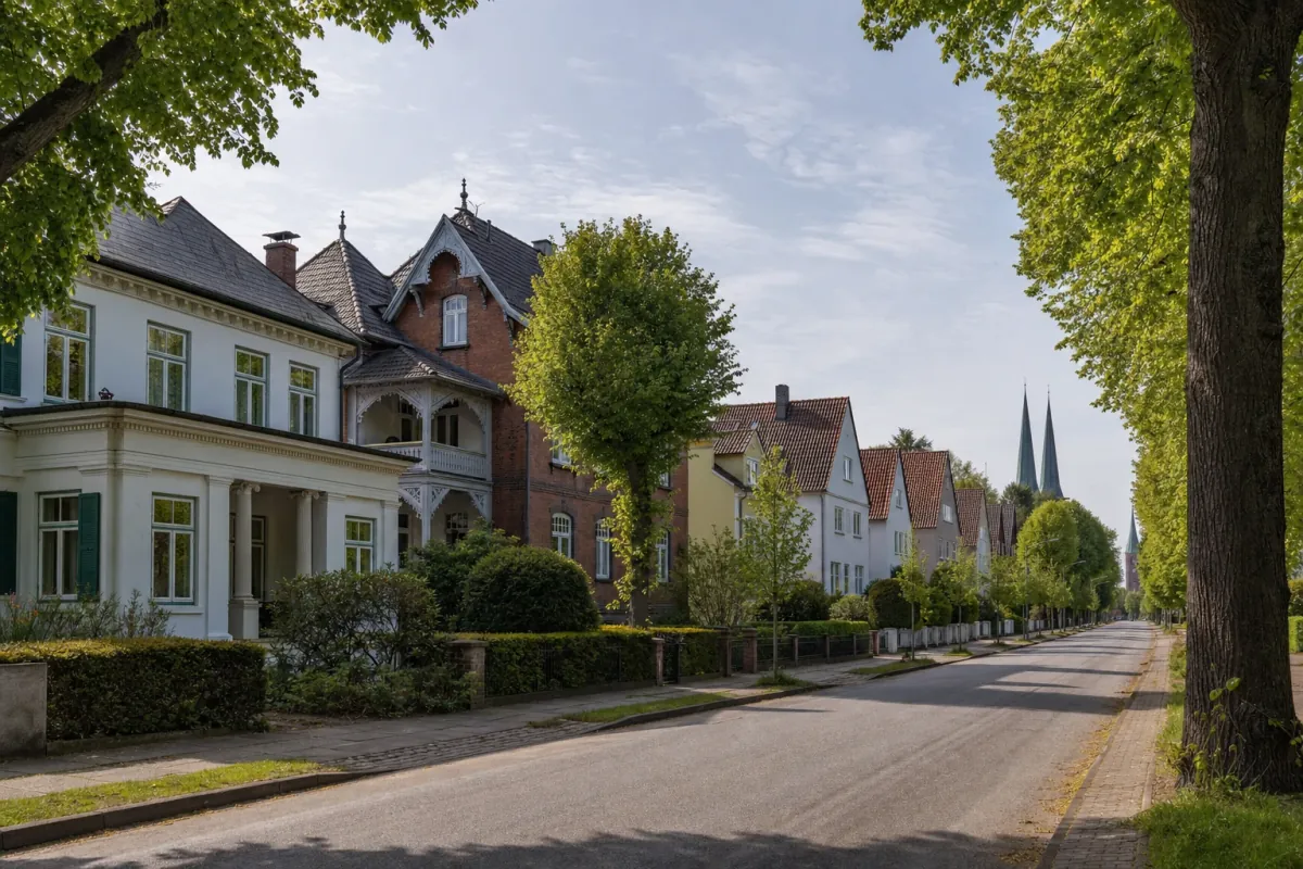 Wohnstraße in Lübeck: die für die Stadt typische Bebauung, im Hintergrund über den Dächern ein Wahrzeichen der Stadt.