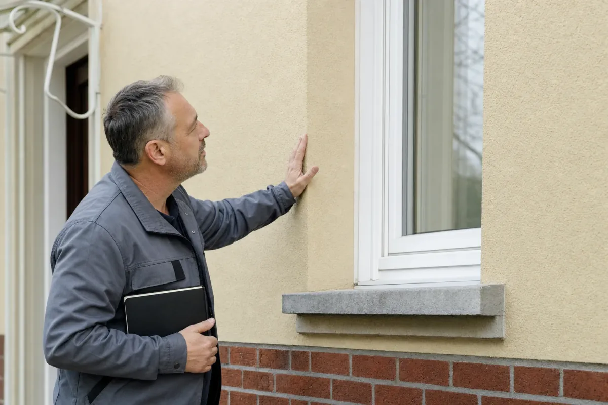 Ein Energieberater prüft von außen den Anschluss zwischen Fensterrahmen und Wand an einem für Lünen typischen Wohnhaus.