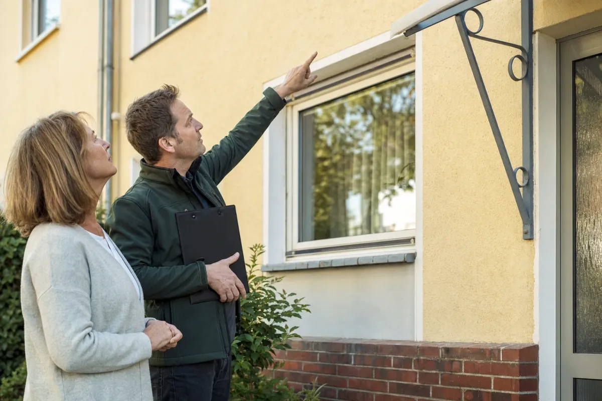 Ein Energieberater und eine Eigentümerin stehen vor einem für Lünen typischen Wohnhaus und sehen zum Dachrand hinauf.