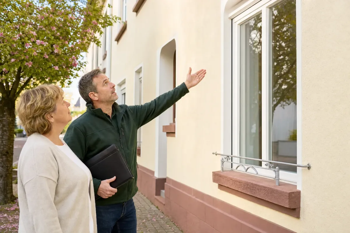 Ein Energieberater und eine Eigentümerin stehen vor einem für Mainz typischen Wohnhaus und sehen zum Dachrand hinauf.