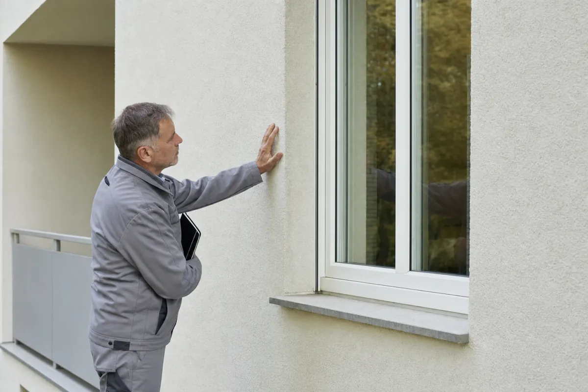 Ein Energieberater prüft von außen den Anschluss zwischen Fensterrahmen und Wand an einem für Mannheim typischen Wohnhaus.