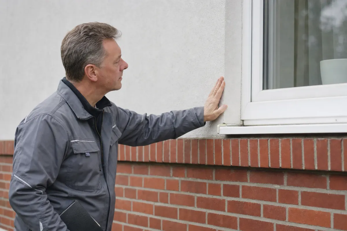 Ein Energieberater prüft von außen den Anschluss zwischen Fensterrahmen und Wand an einem für Marl typischen Wohnhaus.