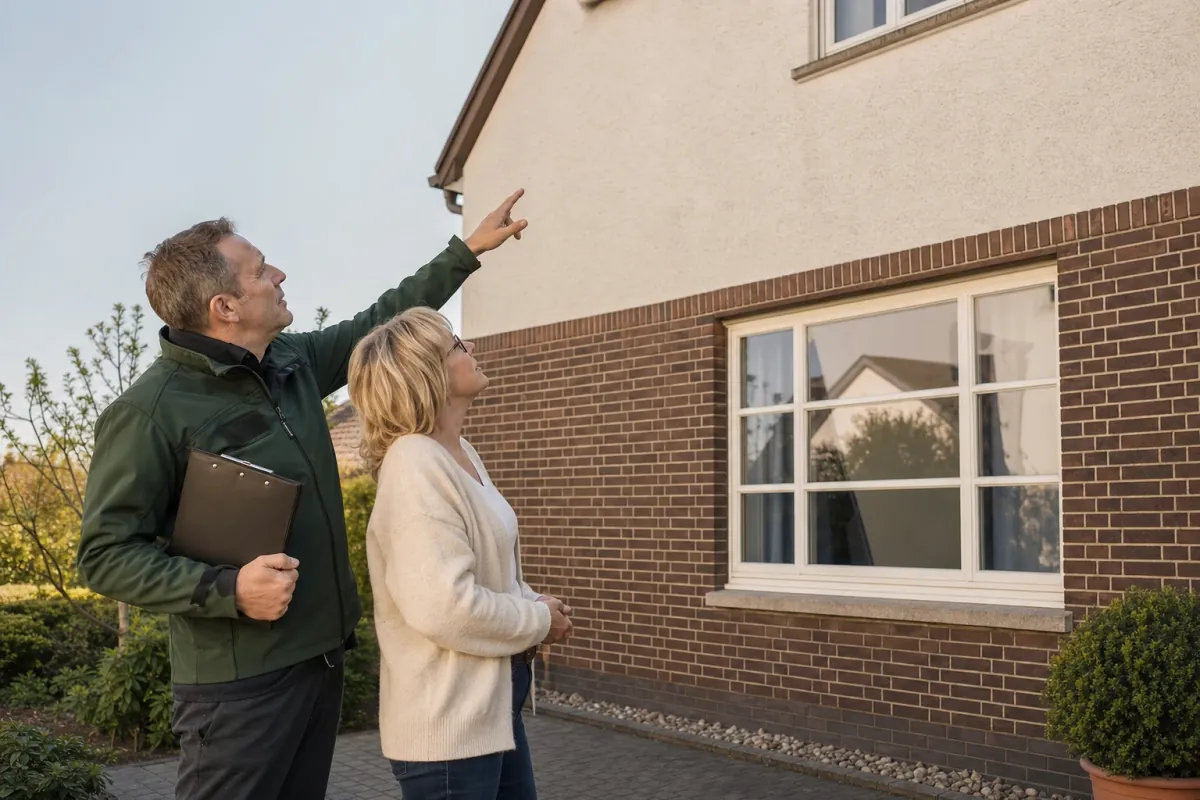 Ein Energieberater und eine Eigentümerin stehen vor einem für Marl typischen Wohnhaus und sehen zum Dachrand hinauf.