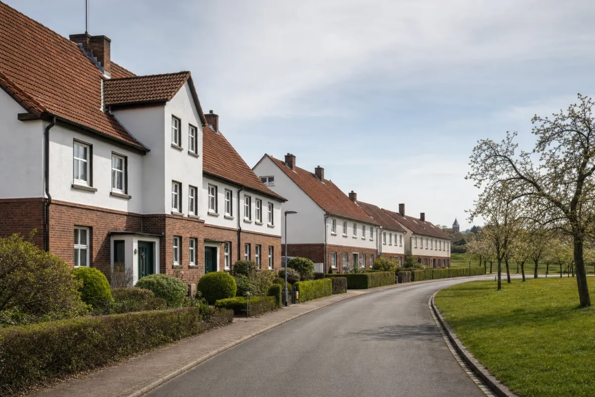 Wohnstraße in Marl: die für die Stadt typische Bebauung, im Hintergrund über den Dächern ein Wahrzeichen der Stadt.