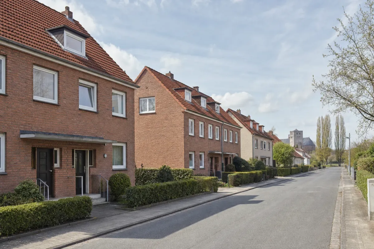 Wohnstraße in Minden: die für die Stadt typische Bebauung, im Hintergrund über den Dächern ein Wahrzeichen der Stadt.
