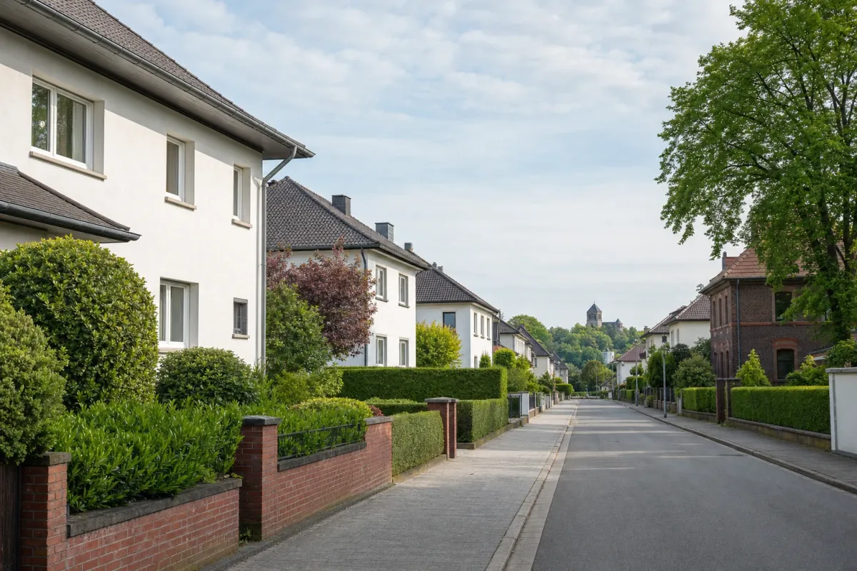 Wohnstraße in Mönchengladbach: die für die Stadt typische Bebauung, im Hintergrund über den Dächern ein Wahrzeichen der Stadt.