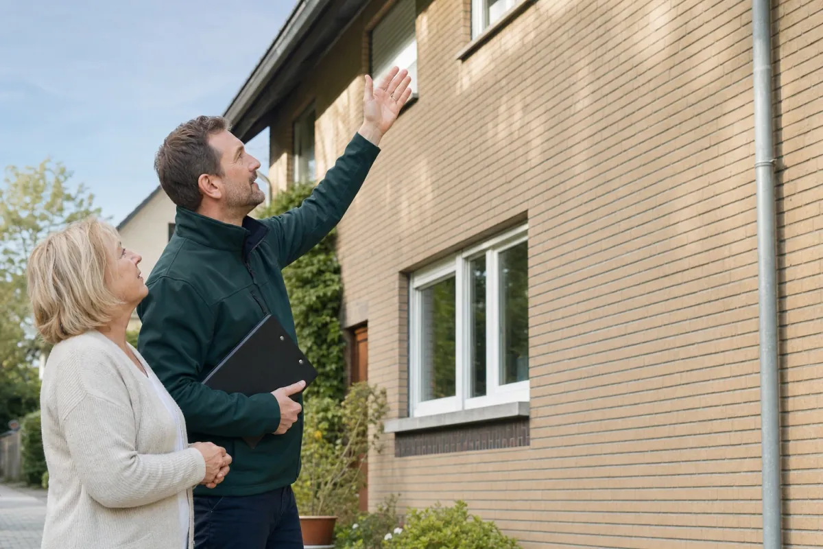 Ein Energieberater und eine Eigentümerin stehen vor einem für Moers typischen Wohnhaus und sehen zum Dachrand hinauf.